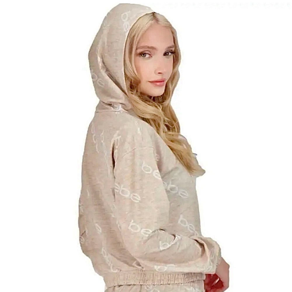 BEBE MSRP $70 Logo Printed Cropped Pullover Hoodie in Beige/White - Picture 5 of 6